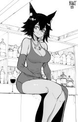 Rule 34 | 1girl, alcohol, animal ear fluff, animal ears, artist name, bar (place), bare shoulders, bottle, breasts, cat ears, chair, closed mouth, collarbone, counter, cup, cupping glass, dress, drinking glass, elbow gloves, glass, gloves, greyscale, hair between eyes, highres, indoors, jewelry, large breasts, liquor, looking at viewer, monochrome, norman maggot, on counter, original, red wine, shelf, short hair, sitting, sleeveless, sleeveless dress, smile, solo, tail, wine, wine bottle, wine glass