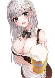 Rule 34 | 1girl, :d, alcohol, beer, beer mug, black bow, black bowtie, blunt bangs, blush, bodice, bow, bowtie, breasts, cleavage, cup, detached collar, dirndl, dress, flower, german clothes, green eyes, hair flower, hair ornament, highres, hololive, large breasts, long hair, looking at viewer, mug, official alternate costume, oktoberfest, open mouth, shirogane noel, shirogane noel (dirndl), short dress, silver hair, sleeveless, sleeveless dress, smile, solo, straight hair, underbust, virtual youtuber, wing collar, yoshioka pochi