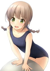 Rule 34 | 1girl, :d, arm support, ball, bare arms, bare shoulders, blue one-piece swimsuit, blush, braid, breasts, brown hair, commentary request, exercise ball, green eyes, highres, leaning forward, long hair, looking at viewer, low twintails, old school swimsuit, one-piece swimsuit, open mouth, original, school swimsuit, shibacha, simple background, small breasts, smile, solo, swimsuit, twin braids, twintails, white background