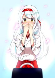 Rule 34 | 10s, 1girl, bad id, bad pixiv id, blush, cherry blossoms, covering own mouth, crying, crying with eyes open, full-face blush, hairband, hand over own mouth, highres, hirayama toto, japanese clothes, jewelry, kantai collection, long hair, marriage proposal, miko, personification, petals, pov, ring, shoukaku (kancolle), silver hair, solo, tears, yellow eyes