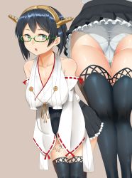 Rule 34 | 10s, 1girl, absurdres, ashikama, ass, black hair, black skirt, black thighhighs, blue eyes, breasts, collarbone, commentary request, detached sleeves, glasses, grey background, headgear, highres, kantai collection, kirishima (kancolle), large breasts, leaning forward, long sleeves, multiple views, nontraditional miko, panties, remodel (kantai collection), ribbon-trimmed sleeves, ribbon trim, short hair, simple background, skirt, thighhighs, underwear, white panties, wide sleeves
