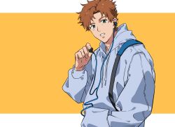 Rule 34 | 1boy, asamine matakara, azicmot, blue eyes, blue hoodie, brown hair, bucchigiri?!, earbuds, earphones, hand in pocket, highres, holding, hood, hoodie, looking at viewer, male focus, open mouth, parted lips, rectangle, removing earbuds, short hair, simple background, upper body, yellow background