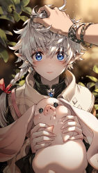 Rule 34 | 1girl, alisaie leveilleur, angelo (ff14), blue eyes, blush, bow, bracelet, braid, braided ponytail, earrings, elezen, elf, eyelashes, final fantasy, final fantasy xiv, hair bow, hand on another&#039;s head, headpat, highres, jewelry, looking at viewer, nail polish, nardack, pointy ears, pov, silver hair, single earring, solo focus, sweatdrop, upper body