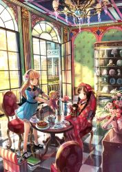 Rule 34 | 2girls, black hair, blonde hair, bobby socks, book, bow, braid, brown eyes, cabinet, cake, chair, chandelier, checkered floor, commentary, cup, doll, dress, elizabeth tower, flag, floor, flower, food, fuzichoco, green eyes, hair bow, hairband, highres, japanese clothes, kettle, kimono, mary janes, mini flag, multiple girls, obi, original, patterned upholstery, red eyes, red upholstery, revision, sash, shoes, sitting, smile, socks, teacup, teapot, twin braids, union jack, vase, window