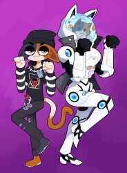 Rule 34 | 1boy, 1girl, 2024, :3, absurdres, animal ears, bandages, beanie, black hoodie, breasts, cat ears, cat tail, epic games, fortnite, furry, furry female, furry male, hat, headgear, highres, hood, hoodie, katt (fortnite), mecha, meow skulls (fortnite), miscon, multicolored fur, pants, robot, small breasts, tail, torn clothes