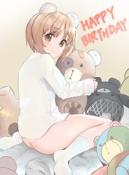Rule 34 | 1girl, absurdres, animal ears, bandaid, bear ears, bottomless, closed mouth, commentary, english text, fake animal ears, from behind, girls und panzer, happy birthday, highres, holding, holding stuffed toy, huge filesize, looking at viewer, looking back, naked shirt, nishizumi miho, on bed, shirt, sitting, smile, socks, solo, sounata (sounanmaru), stuffed toy, wariza, white shirt, white socks