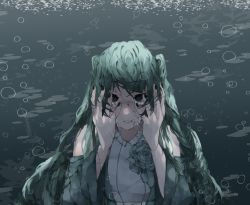 Rule 34 | aqua dress, aqua eyes, aqua hair, bare shoulders, blesseria, bubble, clothing cutout, collar, cracked skin, crying, crying with eyes open, dress, empty eyes, evillious nendaiki, frilled collar, frills, hands on own face, hatsune miku, margarita blankenheim, messy hair, muted color, nemurase hime kara no okurimono (vocaloid), pale skin, shoulder cutout, solo, streaming tears, tears, twintails, underwater, vocaloid, wide sleeves