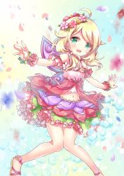 Rule 34 | 10s, 1girl, ahoge, arm cuffs, bare legs, bare shoulders, blonde hair, blush, bubble, crop top, eyes visible through hair, fairy wings, flower, flower skirt, green eyes, hair flower, hair ornament, head wreath, idolmaster, idolmaster cinderella girls, idolmaster cinderella girls starlight stage, jumping, knees together feet apart, light particles, looking at viewer, medium hair, midriff, navel, open mouth, outstretched arms, petals, pink ribbon, pink shirt, purple wings, ribbon, sandals, shirt, side ponytail, sky, sleeveless, sleeveless shirt, solo, spaghetti strap, tank top, wings, wrist cuffs, yusa kozue, zinczinc ka
