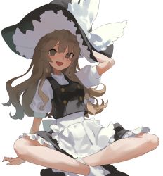 Rule 34 | 1girl, :d, apron, arm support, black footwear, black hat, black vest, blonde hair, blush, bobby socks, bow, brown eyes, chishibuki hiyoko, commentary request, frilled apron, frilled hat, frills, full body, hair bow, hand on ground, hand on headwear, hat, hat bow, highres, indian style, kirisame marisa, long hair, looking at viewer, open mouth, puffy short sleeves, puffy sleeves, shirt, shoes, short sleeves, sitting, smile, socks, solo, touhou, vest, waist apron, white background, white bow, white shirt, witch hat