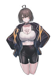 Rule 34 | 1girl, ahoge, azur lane, baltimore (azur lane), baltimore (black ace) (azur lane), black jacket, breasts, brown hair, choker, cleavage, collarbone, echj, flower tattoo, gym shorts, hair between eyes, highres, jacket, large breasts, looking at viewer, official alternate costume, open clothes, open jacket, short hair, shorts, simple background, solo, sports bra, sportswear, tattoo, white background, yellow eyes