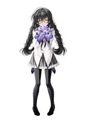 Rule 34 | 1girl, :d, absurdres, akemi homura, black hair, black pantyhose, black ribbon, bouquet, braid, closed mouth, facing viewer, flower, frilled skirt, frills, full body, glasses, grey sailor collar, grey skirt, hairband, highres, holding, holding bouquet, long hair, long sleeves, mahou shoujo madoka magica, mahou shoujo madoka magica (anime), miniskirt, misteor, mitakihara school uniform, open mouth, pantyhose, pleated skirt, purple hairband, ribbon, sailor collar, school uniform, shirt, simple background, skirt, smile, solo, standing, twin braids, twintails, very long hair, white background, white shirt
