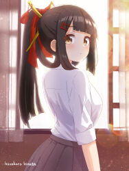 Rule 34 | 1girl, absurdres, arm at side, artist name, backlighting, black hair, black skirt, blunt bangs, blurry, blush, bokeh, breasts, closed mouth, curtains, day, depth of field, female focus, from behind, hair ornament, hair ribbon, hair rings, hair stick, hairclip, hazakura hinata, highres, indoors, light particles, looking at viewer, looking back, medium breasts, orange eyes, original, pleated skirt, ponytail, red ribbon, ribbon, school uniform, shirt, shirt tucked in, short sleeves, sidelocks, signature, skirt, solo, standing, upper body, white shirt, window