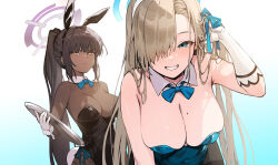 Rule 34 | 2girls, absurdres, animal ears, asuna (blue archive), asuna (bunny) (blue archive), bare legs, bare shoulders, bent over, black hair, black leotard, blue archive, blue bow, blue bowtie, blue eyes, blue hairband, blue leotard, bow, bowtie, breasts, brown hair, cleavage, cup, dark-skinned female, dark skin, detached collar, fake animal ears, fishnet pantyhose, fishnets, gloves, gradient background, grin, hair over one eye, hairband, highres, holding, holding tray, karin (blue archive), karin (bunny) (blue archive), large breasts, leotard, long hair, looking at viewer, mole, mole on breast, multiple girls, official alternate costume, pantyhose, peachpa, playboy bunny, rabbit ears, rabbit tail, smile, strapless, strapless leotard, tail, tray, white gloves, wrist cuffs, yellow eyes