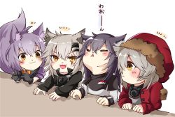 Rule 34 | 4girls, :&lt;, :3, animal ear fluff, animal ears, arknights, black coat, black gloves, black hair, blush, closed mouth, coat, commentary request, fang, fur-trimmed hood, fur trim, gloves, grey hair, hair between eyes, hair ornament, hairclip, hood, lappland (arknights), long sleeves, mirui, multiple girls, open mouth, projekt red (arknights), provence (arknights), purple hair, red coat, red hood, scar, scar across eye, scar on face, tail, texas (arknights), translation request, white hair, yellow eyes