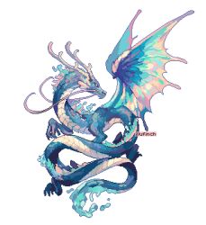 Rule 34 | animal focus, antlers, artist name, blue scales, commentary, dragon, eastern dragon, english commentary, from side, full body, highres, horns, illufinch, no humans, original, pixel art, scales, simple background, solo, tail, white background, white horns, wings