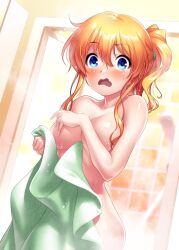Rule 34 | 1girl, after bathing, alternate hairstyle, bare arms, blue eyes, blush, breasts, collarbone, commentary request, commission, covering privates, covering breasts, cowboy shot, embarrassed, eyelashes, eyes visible through hair, fang, green towel, hair between eyes, hand up, indoors, kanon, long hair, looking at viewer, medium breasts, naked towel, open mouth, orange hair, ponytail, sawatari makoto, shiny skin, shower (place), sidelocks, skeb commission, skindentation, solo, standing, steam, straight-on, surprised, tile wall, tiles, towel, wavy hair, wavy mouth, wet, wet hair, wide-eyed, zen (kamuro)