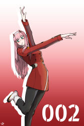 Rule 34 | 1boy, 1girl, arm up, blush, darling in the franxx, green eyes, highres, horns, pants, pink hair, red background, sso (73987536), sso 5, standing, standing on one leg, zero two (darling in the franxx)