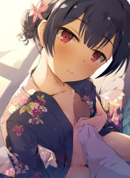 Rule 34 | 1boy, 1girl, black hair, black kimono, blunt bangs, blush, grabbing another&#039;s breast, breasts, closed mouth, dark-skinned male, dark skin, floral print, flower, grabbing, guided breast grab, guiding hand, hair flower, hair ornament, hetero, highres, holding another&#039;s wrist, idolmaster, idolmaster shiny colors, japanese clothes, kimono, looking at viewer, morino rinze, no bra, no panties, print kimono, red eyes, seneto, short hair, sitting, small breasts, solo focus, sweat, thighs