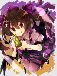 Rule 34 | 1girl, black wings, brown hair, brush, cellphone, checkered clothes, checkered skirt, flying, hat, himekaidou hatate, holding, looking at viewer, nikorashi-ka, phone, purple legwear, short sleeves, skirt, solo, tokin hat, tongue, tongue out, touhou, twintails, wings