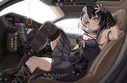 Rule 34 | 1girl, absurdres, arm warmers, armlet, armpits, belt, black dress, black hair, black nails, black thighhighs, boots, breasts, car, car interior, choker, cleavage, dress, fingernails, from side, hair ornament, hand on own head, highres, hololive, hololive english, knee up, long fingernails, long hair, looking at viewer, makeup, mascara, medium breasts, motor vehicle, multicolored hair, nail polish, open mouth, parted lips, shiori novella, shiori novella (1st costume), single thighhigh, sitting, sleeveless, sleeveless dress, smile, solo, split-color hair, striped clothes, striped thighhighs, teeth, thighhighs, torn clothes, torn dress, virtual youtuber, white hair, yato (yama0x1), yellow eyes
