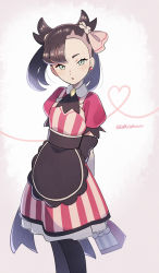 Rule 34 | 1girl, :o, apron, arms behind back, ascot, asymmetrical bangs, black pantyhose, brown apron, brown ascot, commentary, creatures (company), dress, earrings, eyelashes, game freak, green eyes, hair ribbon, heart, jewelry, looking at viewer, marnie (palentine&#039;s 2022) (pokemon), marnie (pokemon), momoji (lobolobo2010), nintendo, official alternate costume, pantyhose, pink dress, pink ribbon, pokemon, pokemon masters ex, ribbon, short sleeves, solo, twintails, twitter username, waist apron, white background