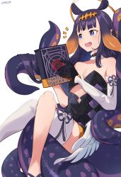 Rule 34 | 1girl, absurdres, bare shoulders, black dress, blue eyes, blush, book, breasts, collarbone, crossed legs, detached sleeves, dress, halo, highres, holding, holding book, hololive, hololive english, lanxcer, long hair, low wings, ninomae ina&#039;nis, ninomae ina&#039;nis (1st costume), open mouth, purple hair, sidelocks, simple background, single detached sleeve, sitting, small breasts, smile, tentacle hair, tentacles, thighs, virtual youtuber, white background, wings