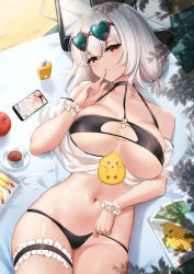 Rule 34 | 1girl, apple, azur lane, bare shoulders, bikini, bird, black bikini, blush, breasts, bridal garter, cellphone, chick, cleavage, collarbone, cup, cyicheng, eyewear on head, food, fruit, heart, heart-shaped eyewear, index finger raised, large breasts, looking at viewer, lotion bottle, low twintails, lying, magazine (object), manjuu (azur lane), navel, o-ring, o-ring top, off shoulder, on back, parted lips, phone, red eyes, scrunchie, see-through, shirt, short hair, short sleeves, short twintails, sirius (azur lane), sirius (scorching-hot seirios) (azur lane), sunglasses, swimsuit, tea, teacup, tempura, thigh strap, thighs, twintails, underboob, white hair, white shirt, wrist scrunchie