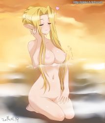 Rule 34 | 10s, 1girl, 2014, bad id, bad pixiv id, barefoot, blonde hair, bouncing breasts, breasts, cleft of venus, closed eyes, dated, elf, fierte, full body, ginko (silver fox), gradient background, hair bun, hair up, hand on thigh, heart, large breasts, light smile, long hair, long pointy ears, motion lines, narrow waist, navel, nipples, nude, onsen, partially submerged, pointy ears, pussy, seiza, sidelocks, single hair bun, sitting, smile, solo, spoken heart, uncensored, water, watermark, web address, wide hips, z/x, z/x ignition