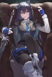 Rule 34 | 1girl, absurdres, animal ears, arknights, armchair, black hair, black jacket, black pantyhose, black vest, blue gloves, blue necktie, blue shorts, blurry, blush, boots, breasts, chair, chinese commentary, collared shirt, depth of field, ear piercing, feng zhe (user jnxf3524), fingerless gloves, food, gloves, highres, holding, holding sword, holding weapon, jacket, jacket on shoulders, knee up, lips, long sleeves, looking at viewer, medium breasts, mouth hold, necktie, pantyhose, piercing, pink eyes, pocky, shirt, shorts, sitting, smile, solo, sword, texas (arknights), texas the omertosa (arknights), vest, weapon, white footwear, white shirt, wolf ears