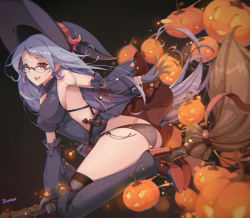 Rule 34 | 1girl, absurdres, bad id, bad pixiv id, breasts, broom, broom riding, floating hair, flying, glasses, halloween, hat, highres, large breasts, little witch academia, long hair, looking at viewer, open hand, purple hair, red eyes, senjouhara nira, solo, ursula callistis, witch, witch hat