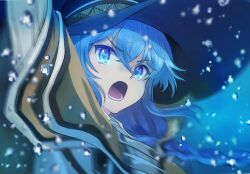Rule 34 | 1girl, bad id, bad pixiv id, black hat, blue background, blue eyes, blue hair, braid, brown cape, cape, close-up, commentary request, floating hair, hair between eyes, hat, long hair, looking at viewer, mushoku tensei, open mouth, portrait, roxy migurdia, sabcoo, water drop, witch hat