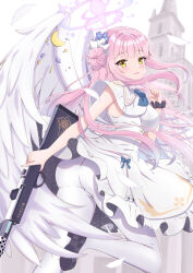 Rule 34 | 1girl, ass, black footwear, black scrunchie, blue archive, blue flower, breasts, capelet, commentary request, dress, feathered wings, flower, gun, hair bun, hair flower, hair ornament, halo, hand up, high heels, highres, holding, holding gun, holding weapon, index finger raised, lanchester smg, long hair, looking at viewer, looking back, medium breasts, mika (blue archive), pantyhose, parted lips, pink hair, scrunchie, shoe soles, shoes, single side bun, sleeveless, sleeveless dress, solo, submachine gun, synn032, very long hair, weapon, white capelet, white dress, white pantyhose, white wings, wings, wrist scrunchie, yellow eyes