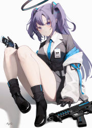 Rule 34 | 1girl, ass, black footwear, black gloves, black jacket, black skirt, black socks, blue archive, blue eyes, blue necktie, breasts, cellphone, collared shirt, full body, gloves, grey background, gun, halo, highres, holding, jacket, long hair, long sleeves, looking at viewer, mayogii, medium breasts, necktie, off shoulder, open clothes, open jacket, panties, parted bangs, parted lips, phone, pleated skirt, puffy long sleeves, puffy sleeves, purple hair, shadow, shirt, shoes, sig mpx, signature, simple background, sitting, skirt, sleeves past wrists, smartphone, socks, solo, submachine gun, two side up, underwear, very long hair, weapon, white background, white jacket, white panties, white shirt, yuuka (blue archive)