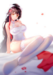 Rule 34 | 1girl, asanogawa (tutufcc), azur lane, bare shoulders, breasts, brown hair, cleavage, curvy, female focus, flower, full body, hair ornament, hair ribbon, highleg, highres, lace, lace-trimmed legwear, lace trim, large breasts, long hair, looking at viewer, orange eyes, ribbon, simple background, sitting, smile, solo, takao (azur lane), thighhighs, very long hair, white background, white theme, white thighhighs