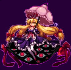 Rule 34 | 1girl, blonde hair, bow, breasts, choker, cleavage, closed eyes, dress, elbow gloves, extra eyes, floating, frilled dress, frills, gloves, hair between eyes, hair bow, half-closed eyes, holding, holding umbrella, horror (theme), huge bow, hyatsu, long hair, looking at viewer, lowres, off-shoulder dress, off shoulder, outline, over shoulder, pantyhose, pink outline, pink umbrella, pixel art, puffy sleeves, purple background, purple dress, purple gloves, quad tails, red bow, red choker, red footwear, red ribbon, ribbon, signature, simple background, smile, solo, touhou, umbrella, very long hair, white pantyhose, yakumo yukari, yellow eyes