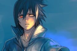 Rule 34 | 1boy, blue background, commentary request, grey jacket, hair between eyes, heterochromia, high collar, hungry clicker, jacket, looking at viewer, male focus, naruto, naruto (series), parted lips, red eyes, sharingan, simple background, solo, spiked hair, uchiha sasuke, upper body, yellow eyes
