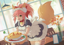 Rule 34 | 1girl, animal ear fluff, animal ears, animal hands, apron, bell, breasts, cat paws, cleavage, collar, elsa (g557744), fang, fate/grand order, fate (series), flower, food, fox ears, fox girl, fox tail, gloves, hair ribbon, indoors, jingle bell, large breasts, long hair, neck bell, omelet, omurice, one eye closed, open mouth, paw gloves, paw shoes, pink hair, ponytail, red ribbon, ribbon, solo, tail, tamamo (fate), tamamo cat (fate), tamamo cat (second ascension) (fate), vegetable, white legwear, yellow eyes