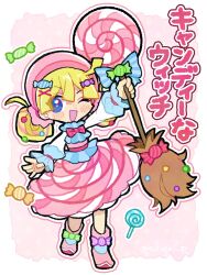 Rule 34 | 1girl, afro puffs, blonde hair, blue bow, blue eyes, blush, bow, broom, candy, candy hair ornament, doradorakingyo, food, food-themed hair ornament, full body, hair ornament, highres, holding, holding broom, lollipop, long sleeves, looking at viewer, one eye closed, open mouth, outline, pink bow, pink footwear, pink skirt, puyopuyo, shirt, skirt, solo, swirl lollipop, white outline, white shirt, witch (puyopuyo), wrapped candy, x hair ornament