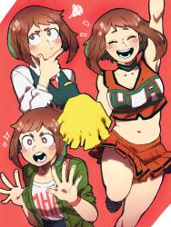 Rule 34 | 10s, 1girl, aged down, alternate costume, arm up, bag, bare shoulders, belly, blush stickers, boku no hero academia, breasts, brown hair, cheering, cheerleader, choker, cleavage, collared shirt, closed eyes, highres, midriff, monochrome, navel, necktie, open clothes, open mouth, pleated skirt, pom pom (cheerleading), ponytail, shirt, short hair, sketchere, skirt, smile, solo focus, sparkling eyes, spiked hair, stomach, teeth, uraraka ochako, vest, white shirt