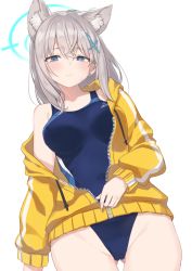 Rule 34 | 1girl, animal ears, bad id, bad pixiv id, blue archive, blue eyes, blush, breasts, commentary request, competition swimsuit, earrings, eyelashes, gluteal fold, goyain, grey hair, hair between eyes, jacket, jewelry, large breasts, looking at viewer, mismatched pupils, one-piece swimsuit, shiroko (blue archive), shiroko (swimsuit) (blue archive), solo, swimsuit, white background, wolf ears, wolf girl, yellow jacket