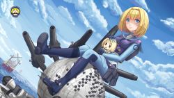 Rule 34 | 10s, 1girl, baby magnum, blonde hair, blue eyes, blue sky, bodysuit, character doll, cloud, doll, dutch angle, hairband, heavy object, highres, holding, huanghyy, milinda brantini, outdoors, qwenthur barbotage, short hair, sitting, sky, solo