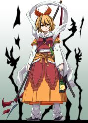 Rule 34 | 1girl, adapted costume, animal print, belt, bishamonten&#039;s pagoda, bishamonten&#039;s spear, blonde hair, commentary request, full body, gradient background, hair ornament, highres, holding, holding polearm, holding spear, holding weapon, kikoka (mizuumi), light smile, long sleeves, multicolored hair, orange skirt, pants, pointy footwear, polearm, shawl, shoes, short hair, skirt, solo, spear, standing, sword, tiger print, toramaru shou, touhou, two-tone hair, weapon, yellow eyes