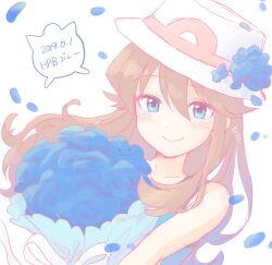 Rule 34 | 1girl, alternate costume, blue eyes, blue flower, blue petals, blue tank top, bouquet, brown hair, creatures (company), ditto, falling petals, flower, game freak, gen 1 pokemon, green (pokemon), hat, holding, holding bouquet, long hair, nintendo, official alternate costume, petals, pokemon, pokemon adventures, porkpie hat, shirt, sleeveless, smile, syoshinsya7, tank top, transformed ditto, white hat