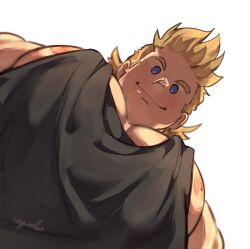 Rule 34 | 1boy, addy (@vegeebs), artist name, bara, black tank top, blonde hair, blue eyes, boku no hero academia, closed mouth, highres, large pectorals, looking at viewer, male focus, meme, muscular, muscular male, nipples, pectorals, short hair, simple background, smile, solo, tank top, togata mirio, upper body, white background, yur oc like this (meme)