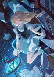 Rule 34 | 1girl, :o, absurdres, ahoge, apron, benyue xiao kui, black footwear, black hat, black skirt, black vest, blonde hair, book, bookshelf, bow, broom, broom riding, buttons, chinese commentary, commentary request, flying, frilled skirt, frills, from above, full body, glowing, hat, hat bow, highres, indoors, kirisame marisa, library, long hair, mary janes, open mouth, outstretched arm, reaching, shoes, short sleeves, skirt, skirt set, socks, solo, touhou, unworn headwear, vest, weibo logo, weibo watermark, white apron, white socks, witch hat, yellow eyes