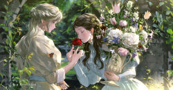Rule 34 | 2girls, artist name, blonde hair, blurry, blurry background, brown butterfly, brown hair, closed eyes, closed mouth, day, dress, earrings, flower, from side, highres, holding, holding flower, jewelry, leaning forward, long hair, long sleeves, multiple girls, original, outdoors, pink flower, puffy sleeves, purple flower, red flower, red rose, rose, rrr (reason), standing, white dress, white flower, yuri