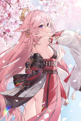 Rule 34 | 1girl, absurdres, animal ears, arm up, ass, bare back, bare shoulders, blush, breasts, cherry blossoms, closed mouth, cowboy shot, day, detached sleeves, earrings, falling petals, floppy ears, flower, flower knot, fox ears, from side, genshin impact, hair between eyes, hair ornament, hand in own hair, highres, japanese clothes, jewelry, long hair, looking at viewer, medium breasts, nontraditional miko, outdoors, petals, pink hair, purple eyes, red skirt, shirt, sideboob, sidelocks, skirt, sleeveless, sleeveless shirt, smile, solo, standing, tassel, thick thighs, thighs, very long hair, white shirt, wide sleeves, yae miko, yuia