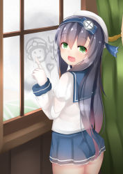 Rule 34 | 1girl, ass, bad id, bad pixiv id, black hair, blue sailor collar, blue skirt, cowboy shot, curtains, from behind, glass writing, gloves, gradient hair, green eyes, hat, kantai collection, long hair, long sleeves, looking at viewer, matsuwa (kancolle), multicolored hair, ne an ito, pleated skirt, purple hair, sailor collar, sailor hat, school uniform, see-through, see-through skirt, serafuku, skirt, solo, standing, white gloves, white hat, window