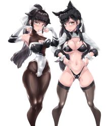 Rule 34 | 2girls, animal ears, atago (azur lane), atago (stunning speedster) (azur lane), azur lane, bad anatomy, bad id, bad pixiv id, bad proportions, bare shoulders, bikini, black hair, black legwear, bodystocking, bow, breasts, brown eyes, cleavage cutout, clothing cutout, commentary, commentary request, dog ears, elbow gloves, english commentary, engrish commentary, extra ears, feet out of frame, gloves, hair flaps, highleg, highleg bikini, highleg leotard, highleg swimsuit, highres, iruril, korean commentary, large breasts, leotard, logo, long hair, looking at viewer, mixed-language commentary, mole, mole under eye, multicolored leotard, multiple girls, navel, official alternate costume, pantyhose, partially visible vulva, ponytail, race queen, shrug (clothing), simple background, swimsuit, takao (azur lane), takao (full throttle charmer) (azur lane), thighhighs, two-tone bikini, two-tone leotard, white background, white bow, wrist cuffs