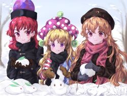 Rule 34 | 3girls, :q, absurdres, adapted costume, beanie, black dress, black headwear, blonde hair, blue background, clownpiece, coat, dress, food, gloves, hat, hecatia lapislazuli, highres, holding, holding food, jester cap, junko (touhou), long hair, long sleeves, looking at another, multiple girls, neck ruff, neold, outdoors, pink scarf, plaid, plaid scarf, polka dot, pom pom (clothes), purple eyes, purple headwear, red eyes, red hair, red scarf, scarf, smile, snow, snow rabbit, star (symbol), star print, striped, tongue, tongue out, touhou, upper body, winter clothes